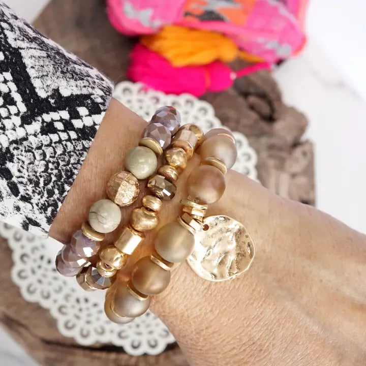 Boho Beads Coin Bracelets Statement Set in Rose Pink