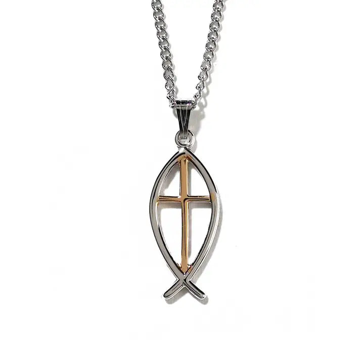 Silver Plated Fish with Gold Plated Cross Necklace