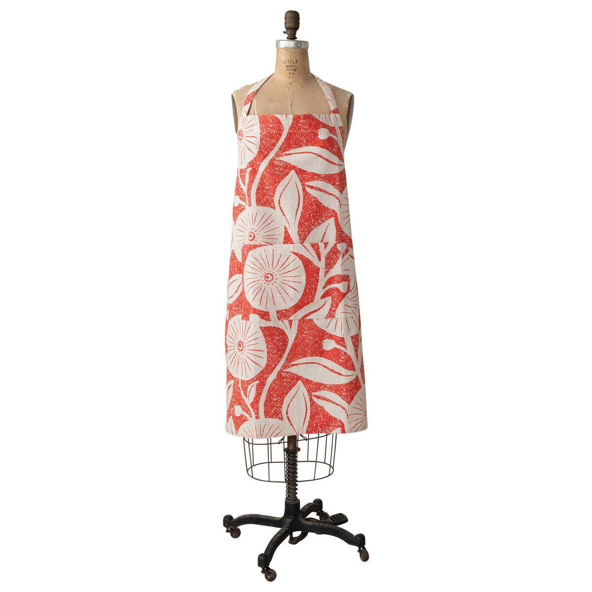 Cotton Printed Crossback Apron w/ Floral Pattern & Pocket, Natural & Tomato Color