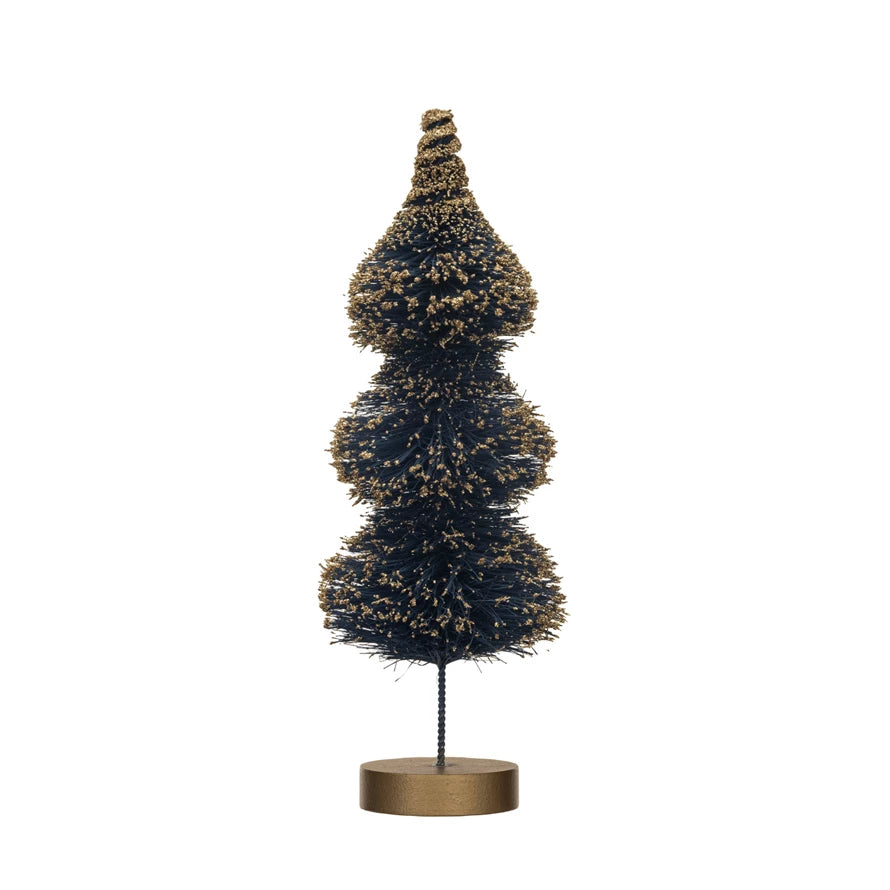 Blue Sisal Bottle Brush Tree w/ Gold Glitter tiered