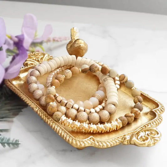 Bracelets Stack of 4 Piece Beaded with Neutral Brown