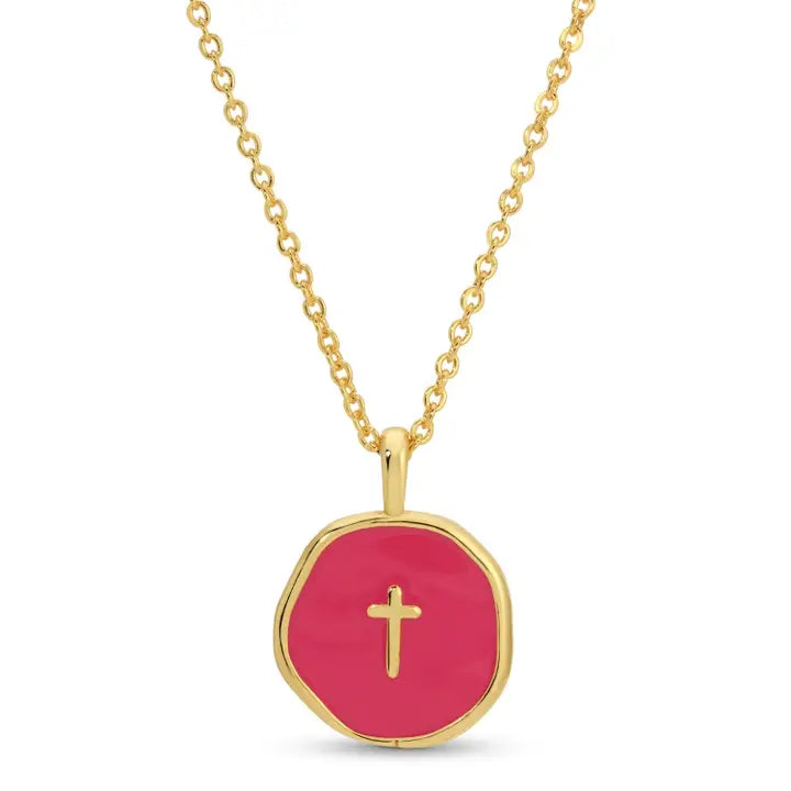 Tiny Cross Pendant Necklace Bright Pink