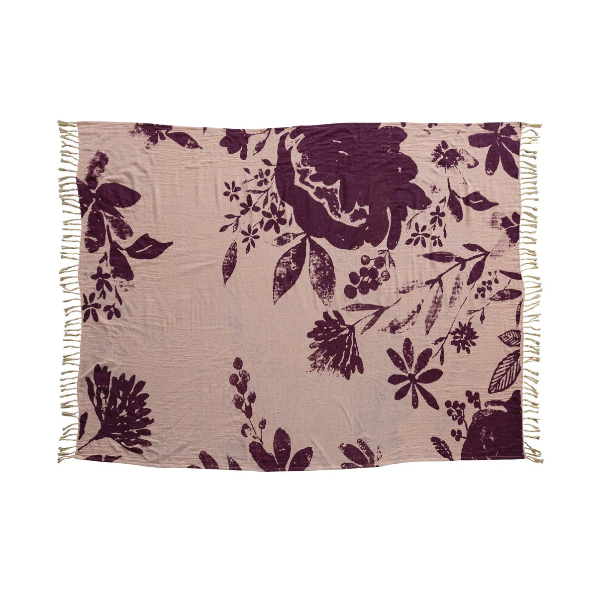 Two-Sided Cotton Double Cloth Printed Throw w/ Florals & Fringe, Multi Color