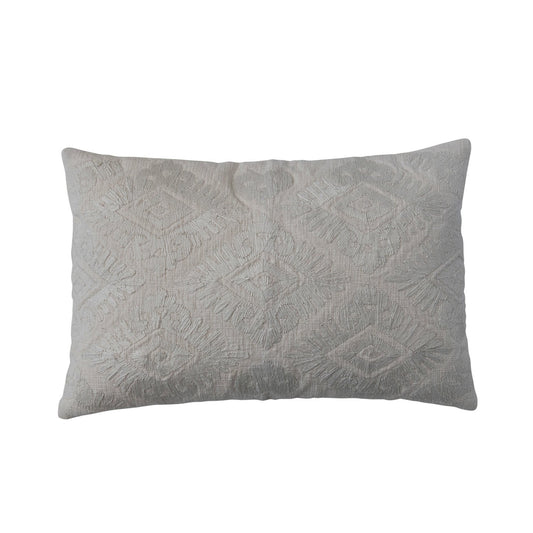 Cotton Slub Embroidered Lumbar Pillow w/ Pattern & Chambray Back, Polyester Fill