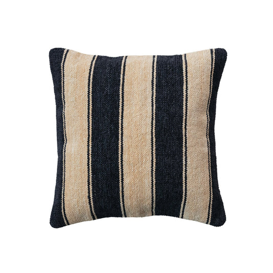 20" Square Woven Cotton Blend Chenille Pillow w/ Stripes & Cotton Back