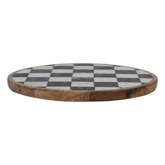 Mango Wood & Marble Check Lazy Susan, White, Black & Natural (Each One Will Vary)