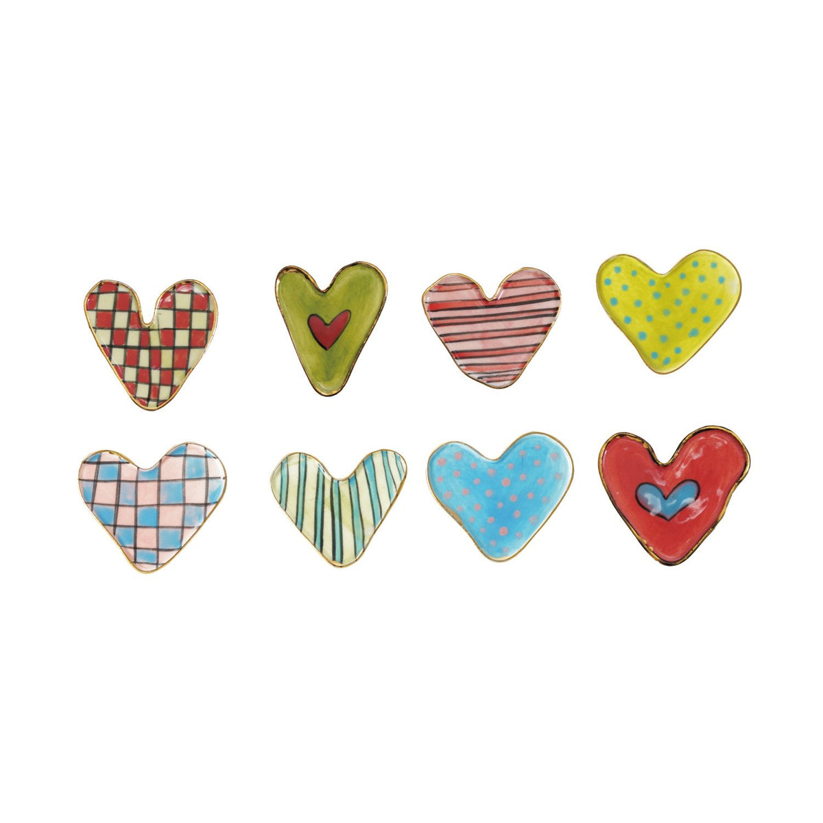 Hand-Painted Stoneware Heart Shaped Magnet w/ Pattern & Gold Electroplated Edge, 8 Styles