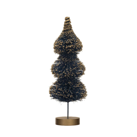 Blue Sisal Bottle Brush Tree w/ Gold Glitter tiered
