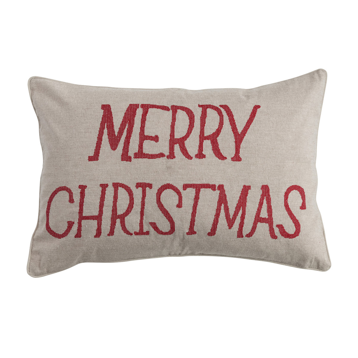Lumbar Pillow with Embroidered "Merry Christmas", Natural & Red