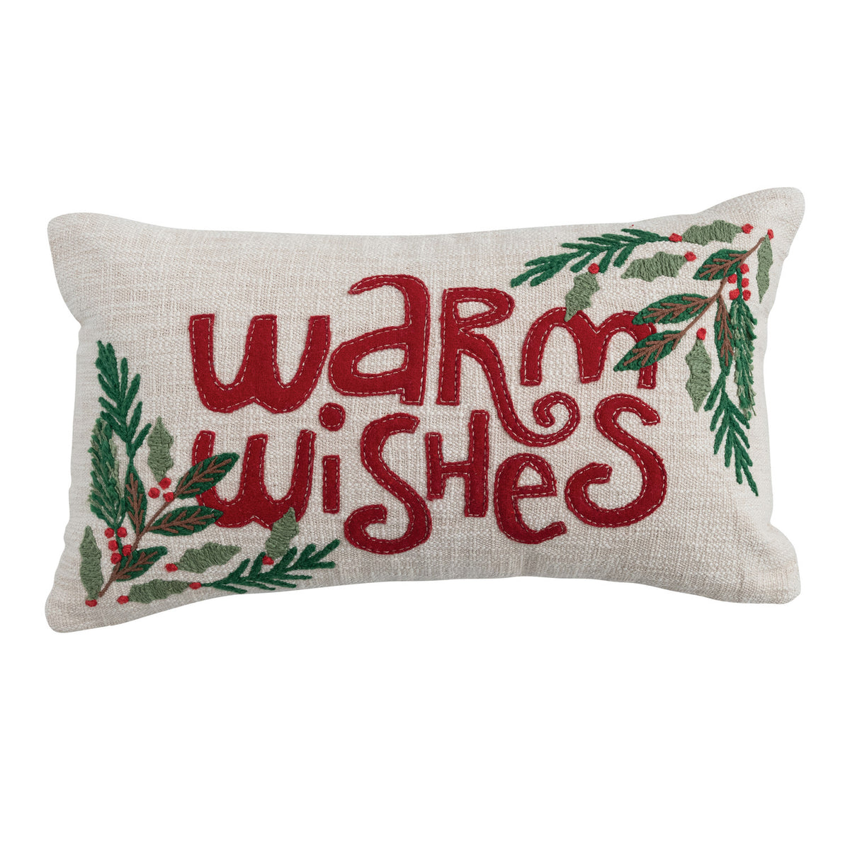 Lumbar Pillow with Appliqued Holly & Embroidery "Warm Wishes"