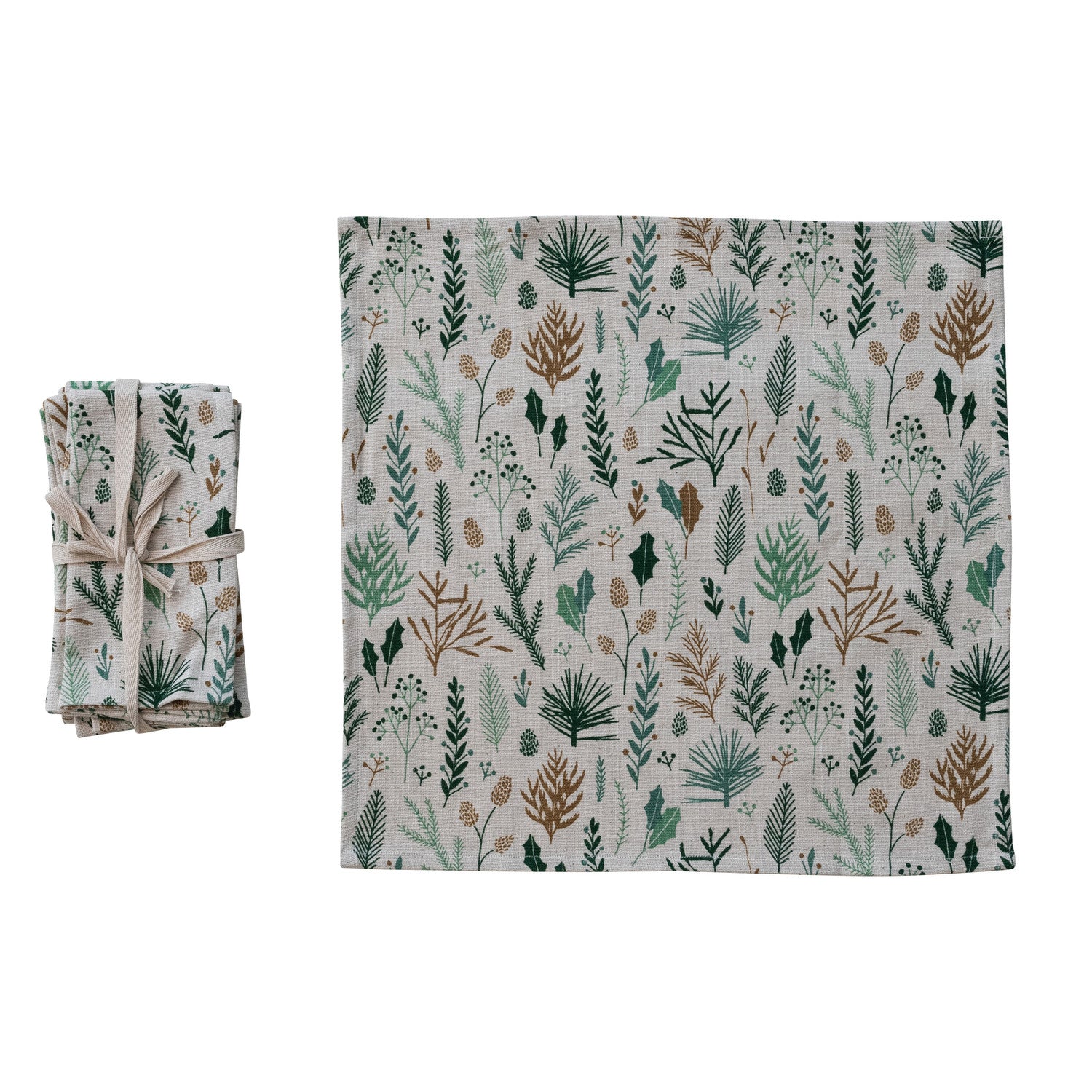 Woven Cotton Slub Printed Napkins with Botanicals Pattern, Set of 4
