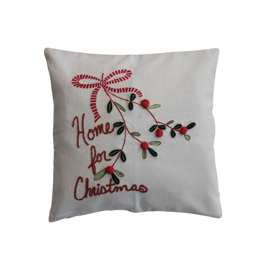 18" Square Cotton Pillow with Pom Poms, Embroidery, Beads & Patterned Back ©