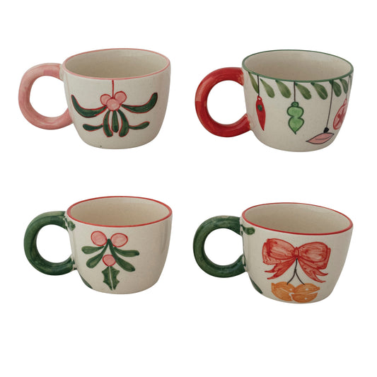 8 oz. Hand-Painted Stoneware Mug with Colored Rim & Handle, 4 Styles (Each One Will Vary)