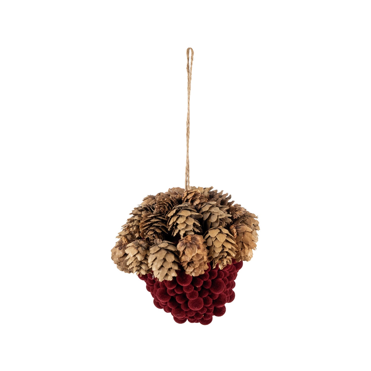 Flocked Foam Ball Acorn Shaped Ornament with Pinecones, Burgundy & Natural